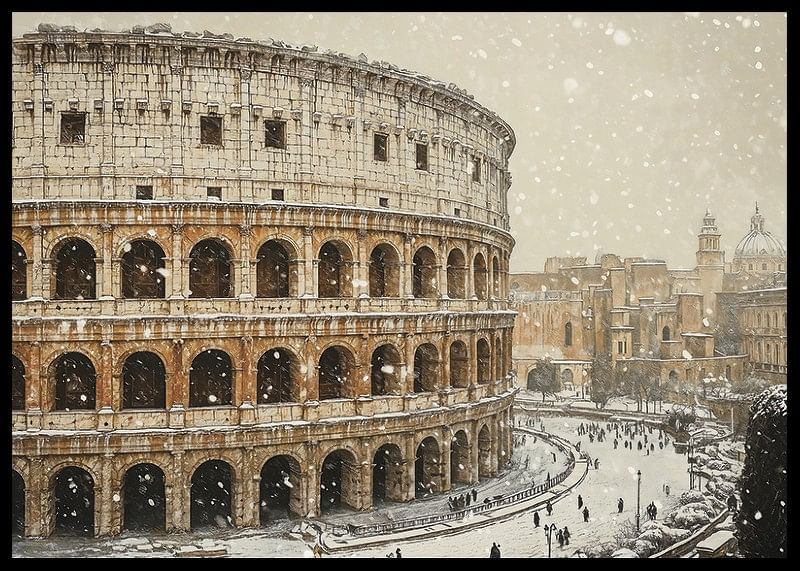 Un afiș care arată Colosseumul într-o ținută neobișnuită de iarnă-12