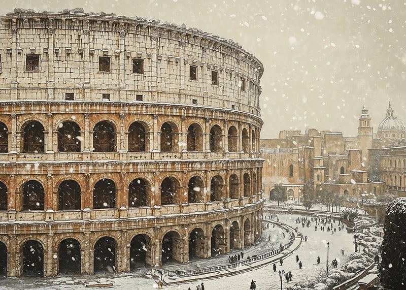 A poster showing the Colosseum in an unusual winter outfit-12