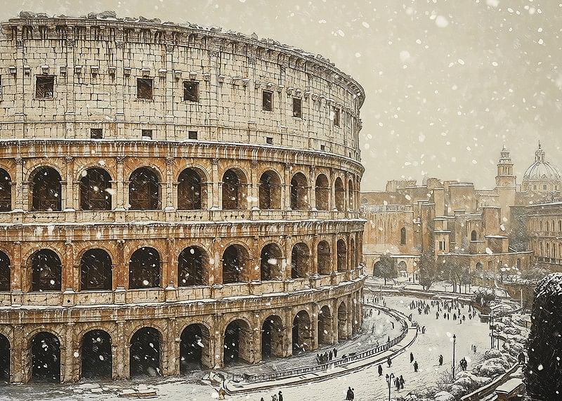Un afiș care arată Colosseumul într-o ținută neobișnuită de iarnă-12