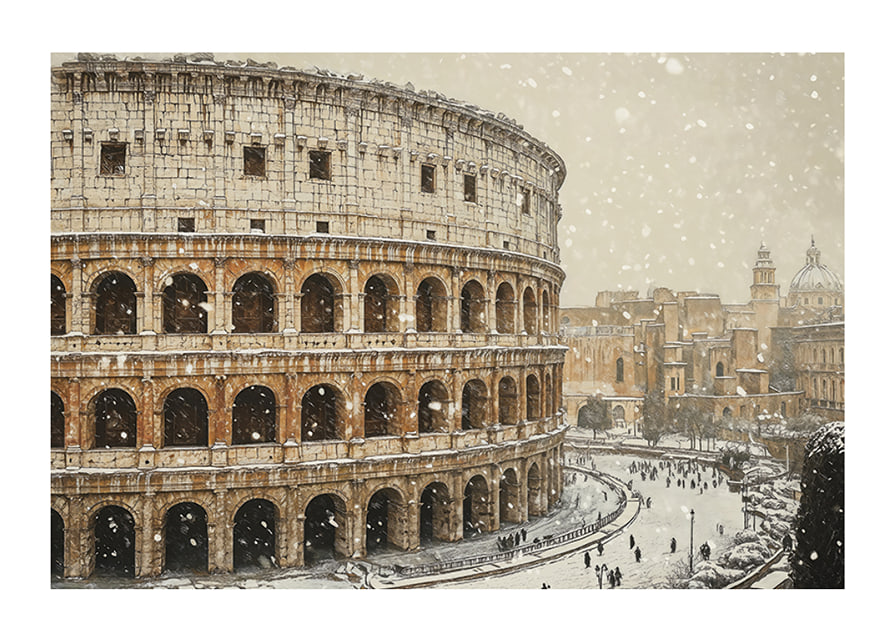 A poster showing the Colosseum in an unusual winter outfit-12