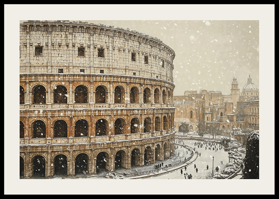 A poster showing the Colosseum in an unusual winter outfit-12