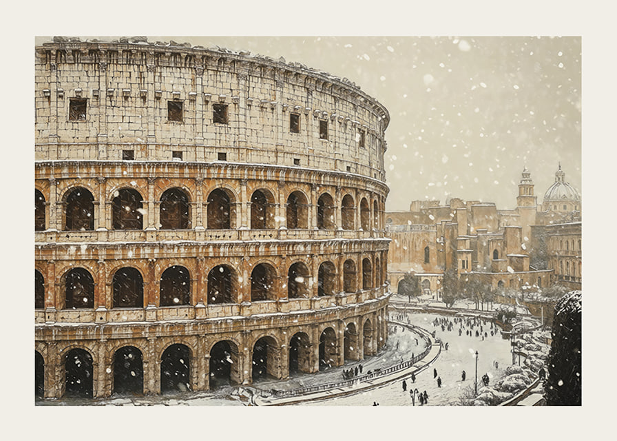A poster showing the Colosseum in an unusual winter outfit-12