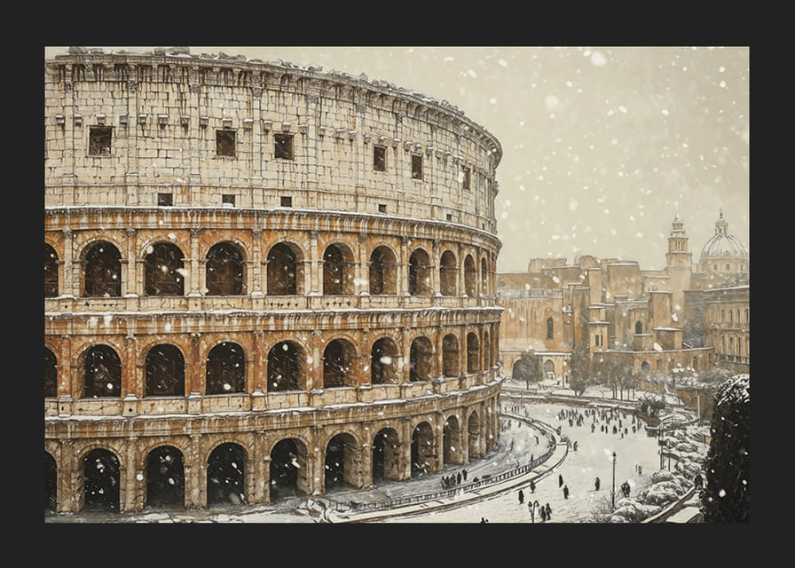 A poster showing the Colosseum in an unusual winter outfit-12