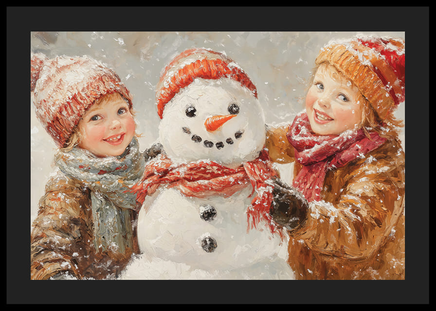 Un cartel que muestra a dos niños felices construyendo un muñeco de nieve en un paisaje invernal.-12