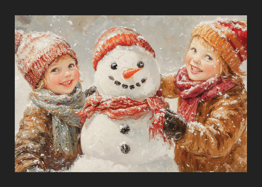 Un cartel que muestra a dos niños felices construyendo un muñeco de nieve en un paisaje invernal.-12