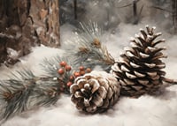 Un cartel que representa piñas, agujas y frutos rojos cubiertos de nieve en un ambiente rústico de invierno.-7