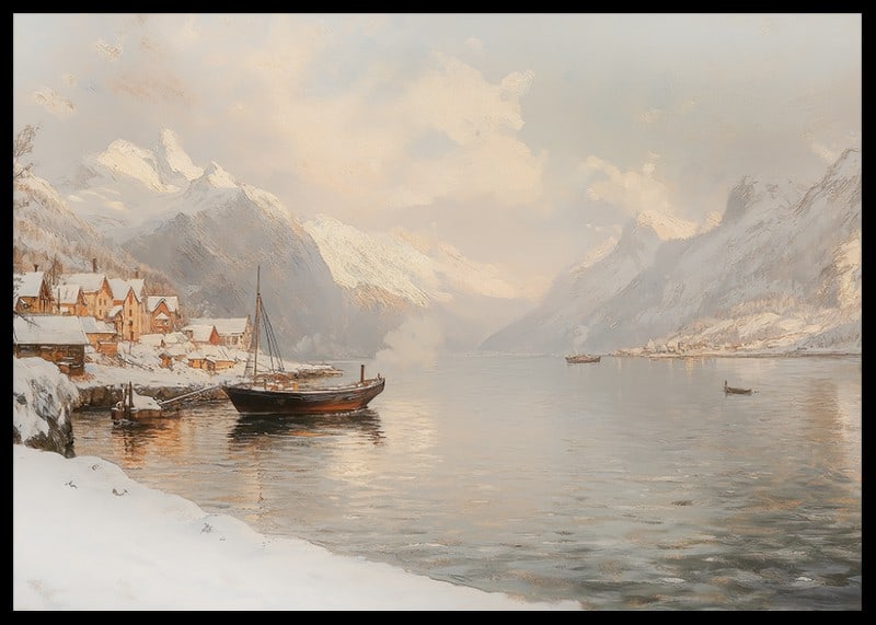 A poster depicting a quiet winter fjord with snow-capped mountains-12