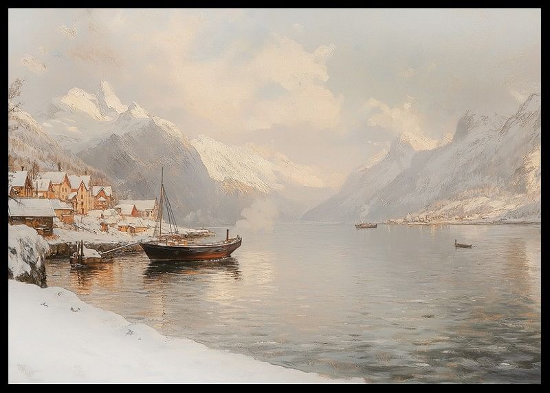 Ein Poster, das einen ruhigen Winterfjord mit schneebedeckten Bergen zeigt-12