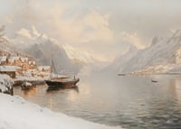 A poster depicting a quiet winter fjord with snow-capped mountains-7