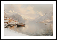 A poster depicting a quiet winter fjord with snow-capped mountains-0