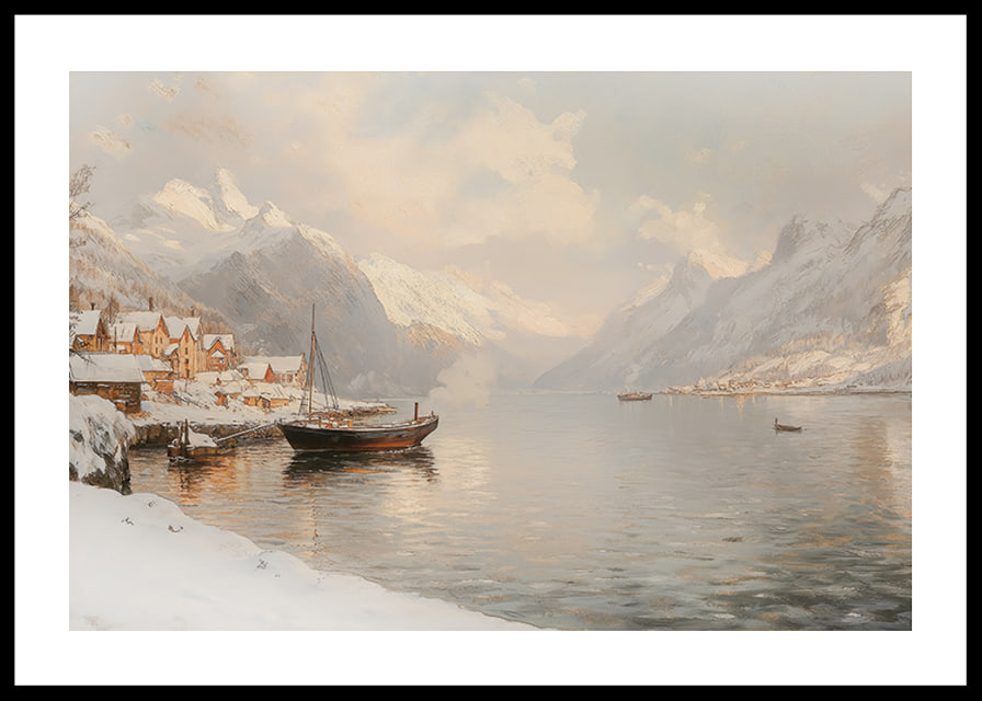 A poster depicting a quiet winter fjord with snow-capped mountains-12