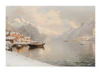 A poster depicting a quiet winter fjord with snow-capped mountains-1