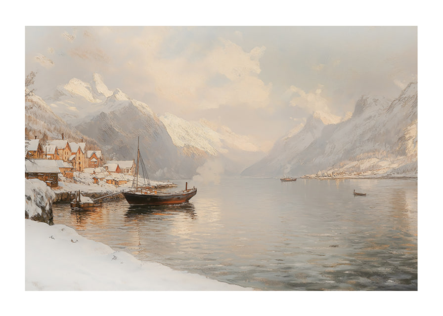 A poster depicting a quiet winter fjord with snow-capped mountains-12