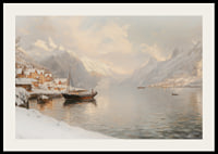 A poster depicting a quiet winter fjord with snow-capped mountains-2
