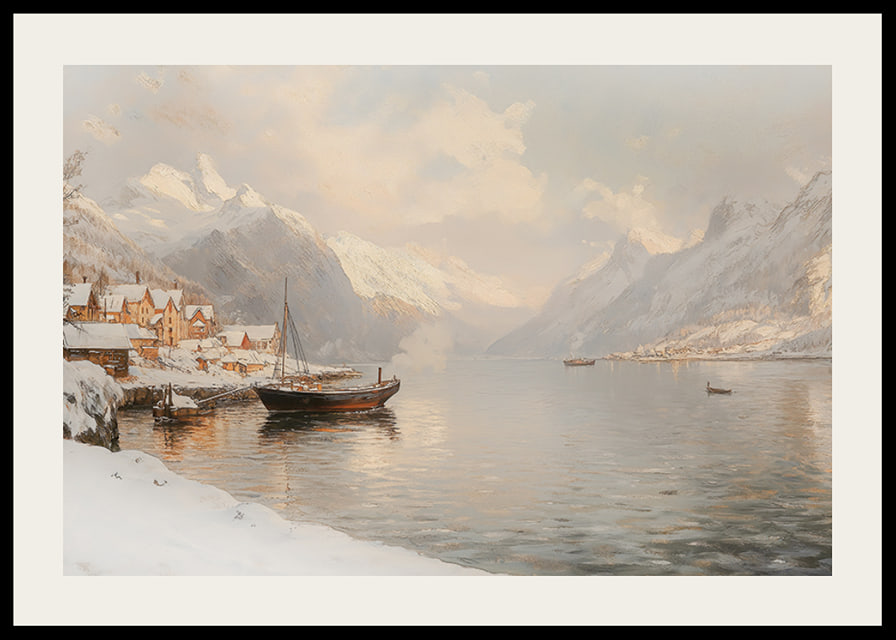 A poster depicting a quiet winter fjord with snow-capped mountains-12