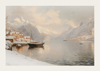 A poster depicting a quiet winter fjord with snow-capped mountains-3