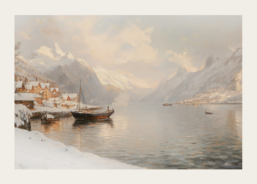 En plakat som viser en stille vinterfjord med snødekte fjell-12