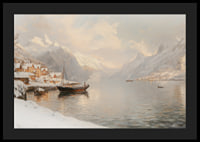 A poster depicting a quiet winter fjord with snow-capped mountains-4
