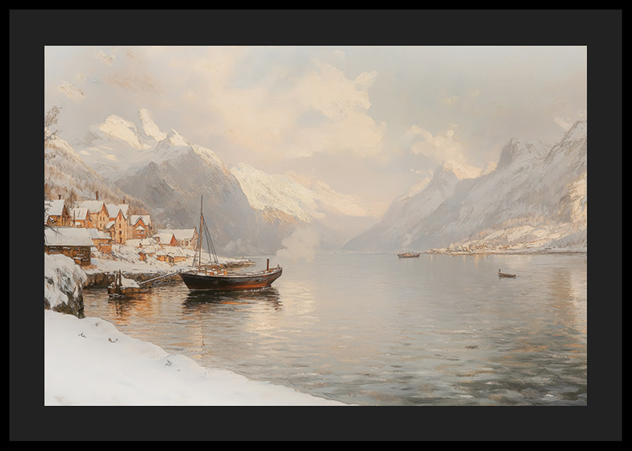 A poster depicting a quiet winter fjord with snow-capped mountains-12