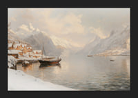 A poster depicting a quiet winter fjord with snow-capped mountains-5