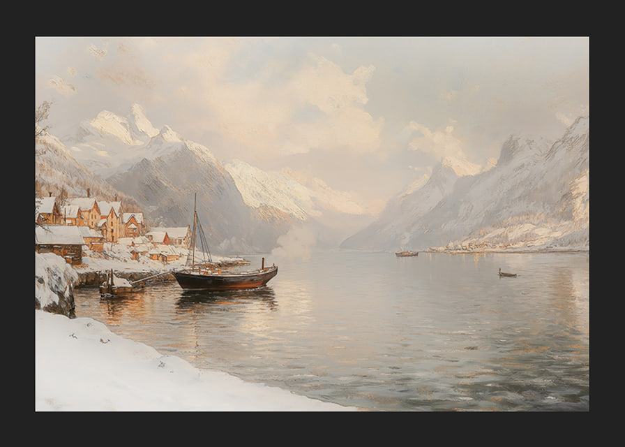 A poster depicting a quiet winter fjord with snow-capped mountains-12