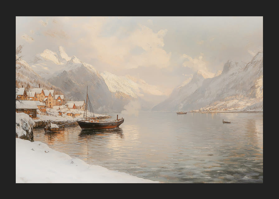 En plakat som viser en stille vinterfjord med snødekte fjell-12