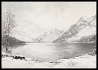 En poster som visar en fridfull vinterdag vid en stilla sjö omgiven av snöklädda berg-6