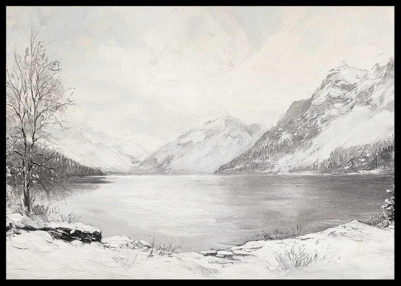 En poster som visar en fridfull vinterdag vid en stilla sjö omgiven av snöklädda berg-12