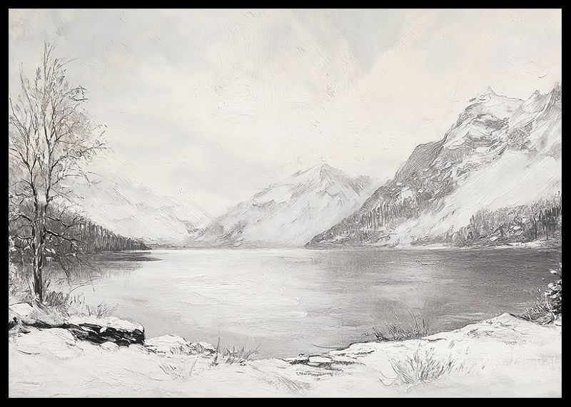 Een poster met een afbeelding van een vredige winterdag aan een stil meer omgeven door met sneeuw bedekte bergen-12