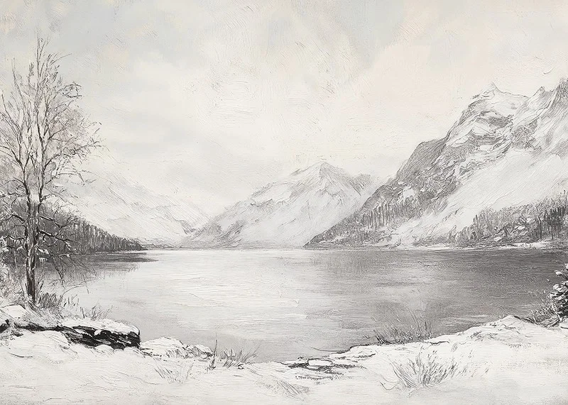 En poster som visar en fridfull vinterdag vid en stilla sjö omgiven av snöklädda berg-12