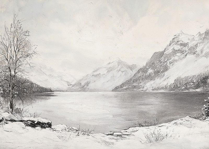 Een poster met een afbeelding van een vredige winterdag aan een stil meer omgeven door met sneeuw bedekte bergen-12