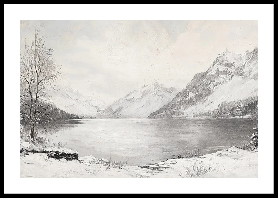 En poster som visar en fridfull vinterdag vid en stilla sjö omgiven av snöklädda berg-12