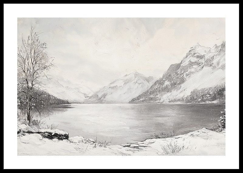 Een poster met een afbeelding van een vredige winterdag aan een stil meer omgeven door met sneeuw bedekte bergen-12