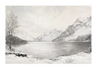 En poster som visar en fridfull vinterdag vid en stilla sjö omgiven av snöklädda berg-1