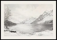 En poster som visar en fridfull vinterdag vid en stilla sjö omgiven av snöklädda berg-2