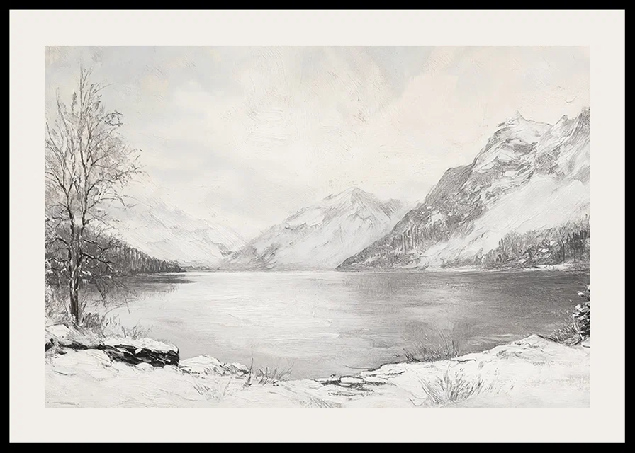 En poster som visar en fridfull vinterdag vid en stilla sjö omgiven av snöklädda berg-12