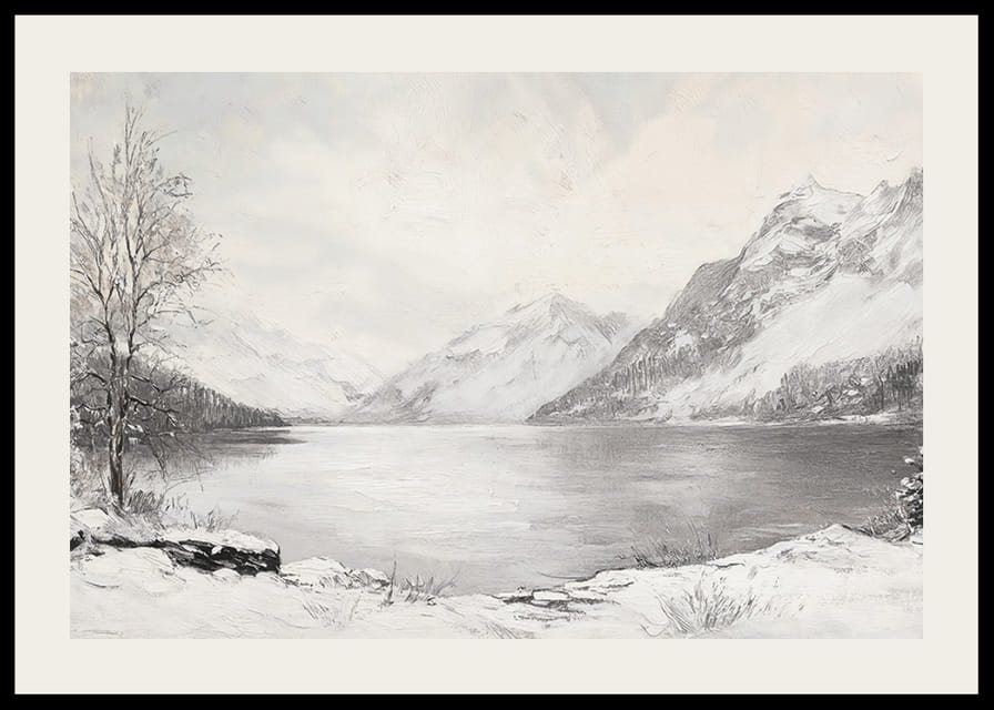 Plagát zobrazujúci pokojný zimný deň pri tichom jazere obklopenom zasneženými horami-12