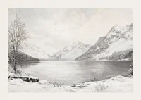 En poster som visar en fridfull vinterdag vid en stilla sjö omgiven av snöklädda berg-3