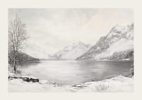 Plagát zobrazujúci pokojný zimný deň pri tichom jazere obklopenom zasneženými horami-3