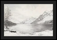 En poster som visar en fridfull vinterdag vid en stilla sjö omgiven av snöklädda berg-4
