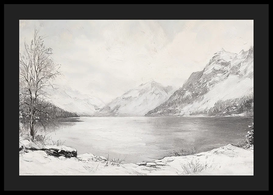 En poster som visar en fridfull vinterdag vid en stilla sjö omgiven av snöklädda berg-12