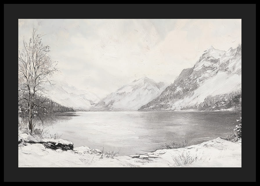 Plagát zobrazujúci pokojný zimný deň pri tichom jazere obklopenom zasneženými horami-12