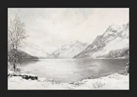 En poster som visar en fridfull vinterdag vid en stilla sjö omgiven av snöklädda berg-5