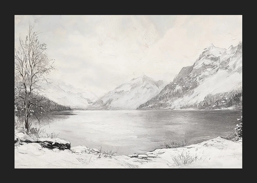 En poster som visar en fridfull vinterdag vid en stilla sjö omgiven av snöklädda berg-12