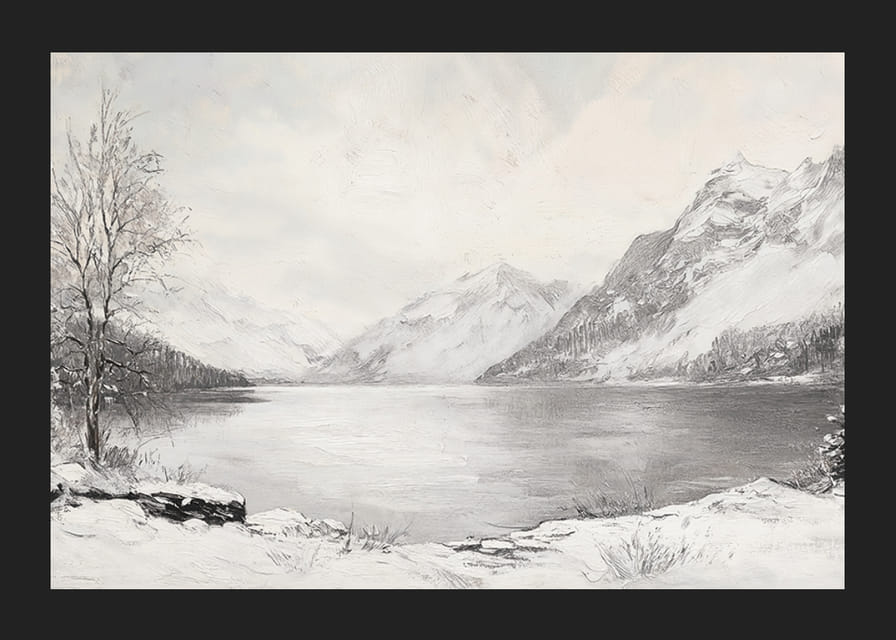 Plagát zobrazujúci pokojný zimný deň pri tichom jazere obklopenom zasneženými horami-12