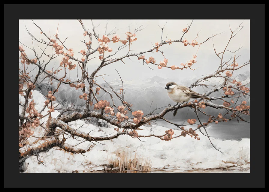 En poster som visar en fågel på en blommande gren i ett stillsamt vinterlandskap-12