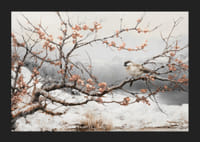 Plagát zobrazujúci vtáka na kvitnúcej vetve v pokojnej zimnej krajine-5