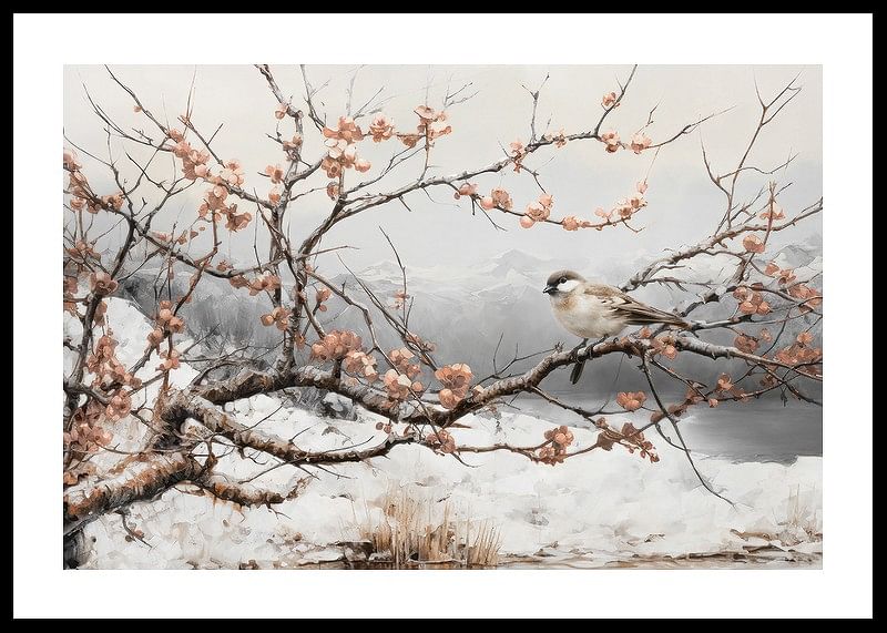 En plakat, der viser en fugl på en blomstrende gren i et roligt vinterlandskab-12