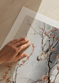 En poster som visar en fågel på en blommande gren i ett stillsamt vinterlandskap-9