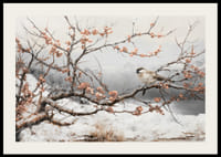Plagát zobrazujúci vtáka na kvitnúcej vetve v pokojnej zimnej krajine-2